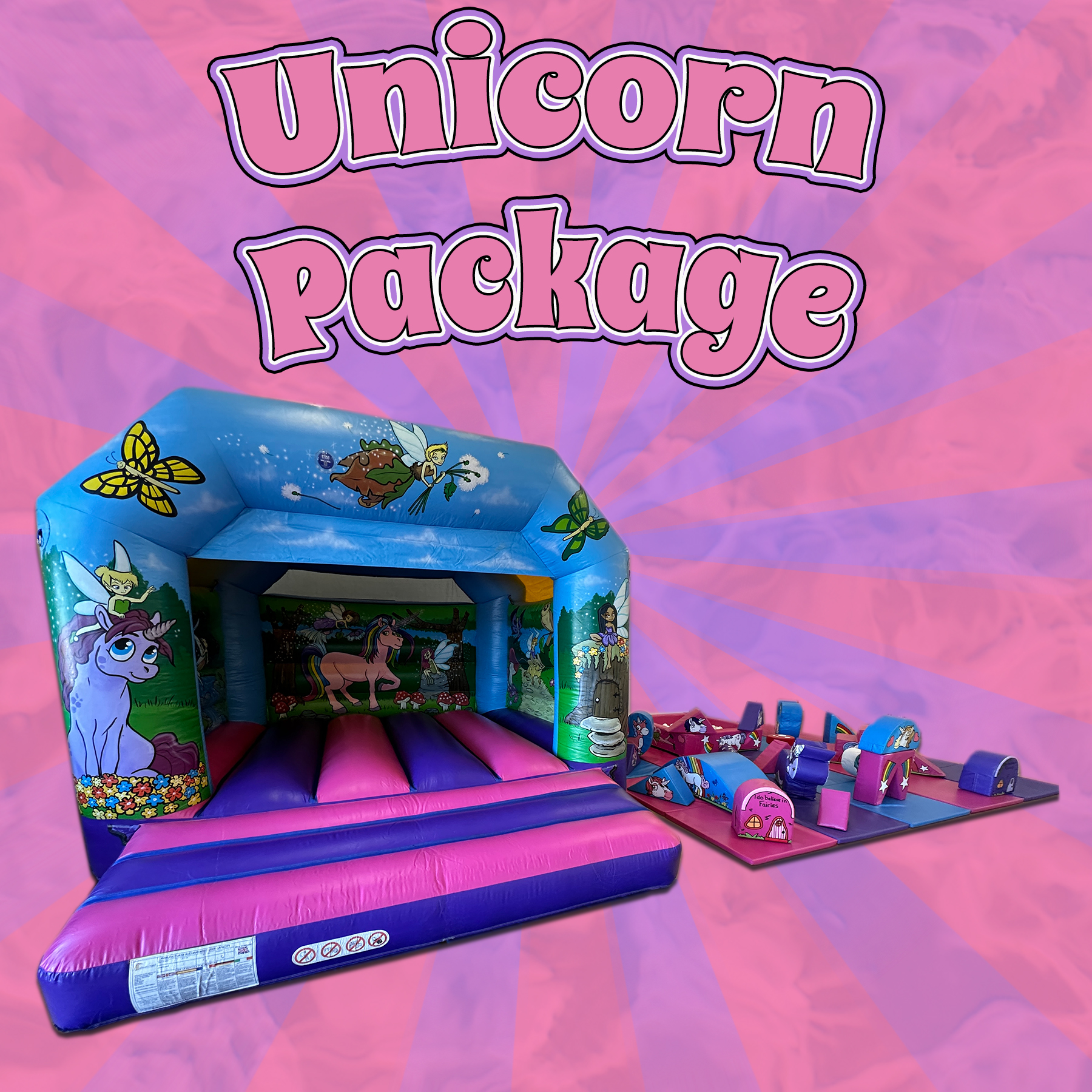 Unicorn bouncy castle and softplay package