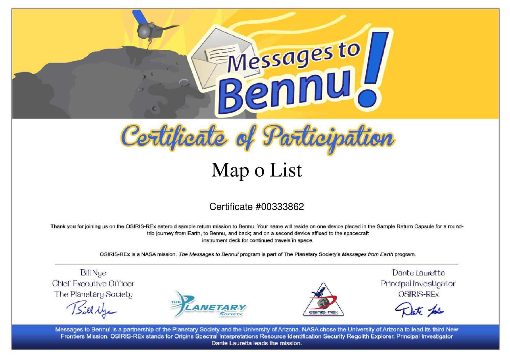 Mapolist sent message to Bennu, almost 200 million miles away from Earth, 2016
