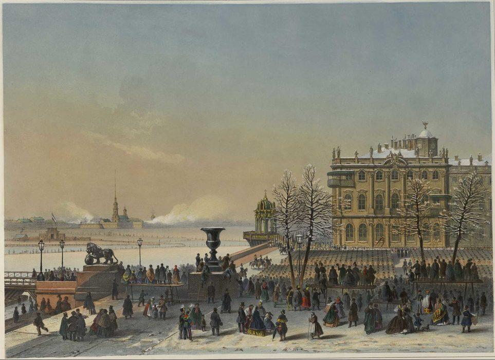 Вид Зимнего дворца во время Крещения на Неве 6 января